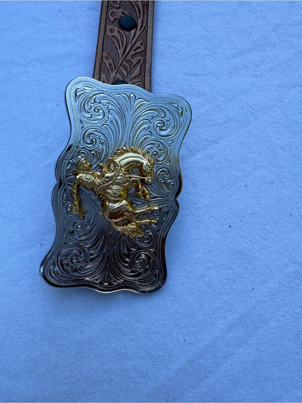 Western Silver-Tone Buckle with Gold Horse Accent - boy size 3-4